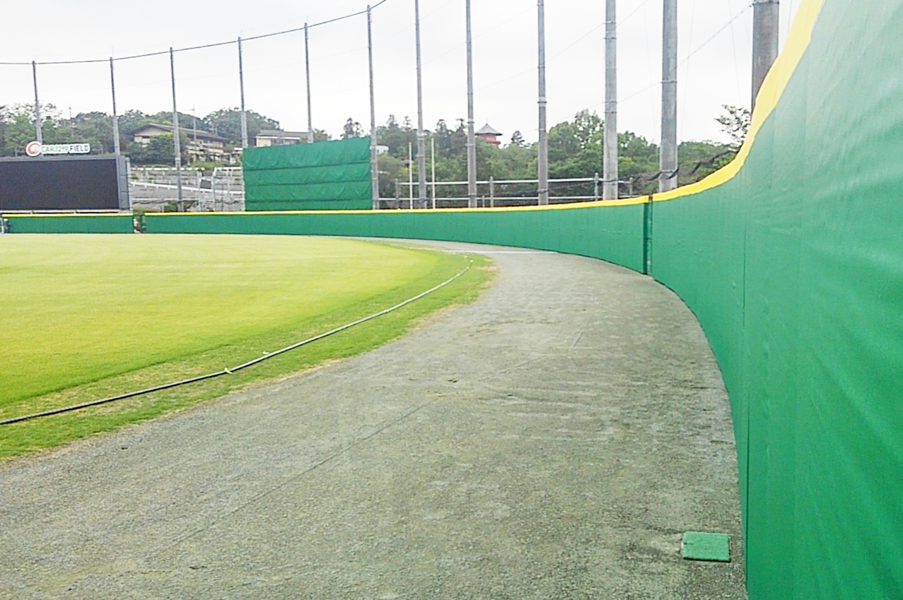 グリーンの防護マットが、球場の外野に広がる天然芝とマッチしています。