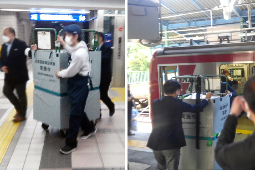 左：駅構内を移動　右：車両への荷物積み込み