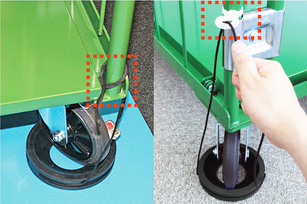 Cフックなし(左)：紐をまとめて台車へ結び付けておく必要があります<br>Cフックあり(右)：紐をフックに掛けるだけなので、取り外しの際も簡単です