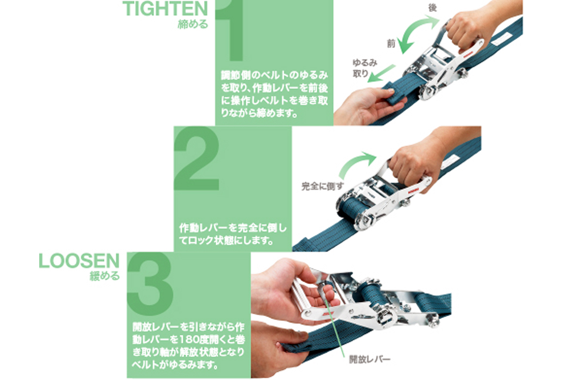 ラチェットバックル操作方法：小さな力で強い荷締めが可能