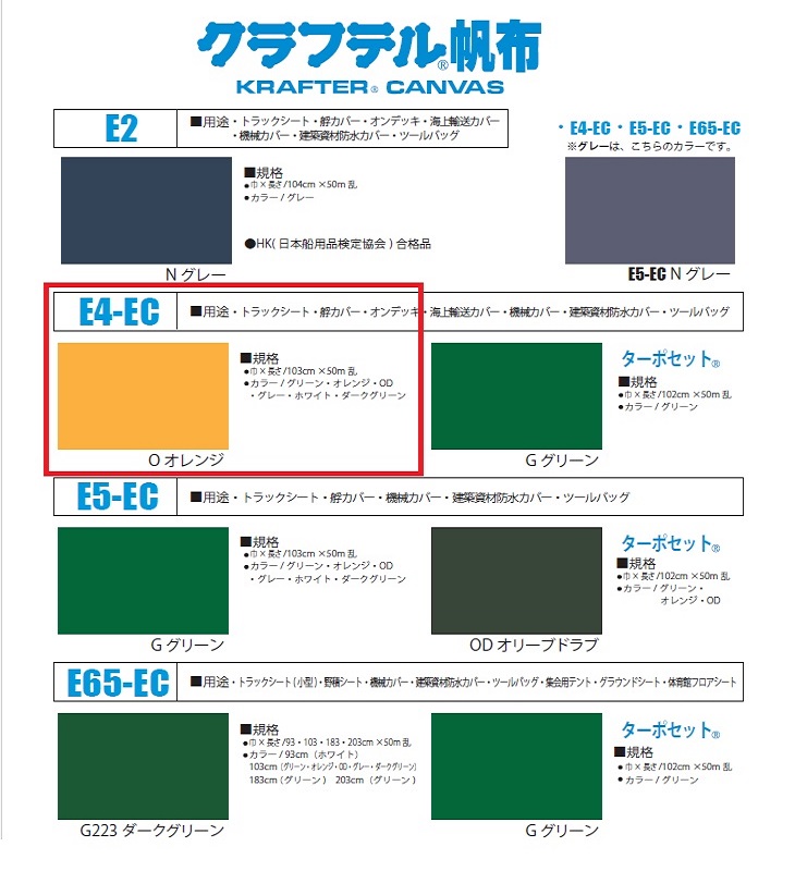 センターシート使用生地：国産ブランド帆布のクラレ・クラフテルE4-ECを使用