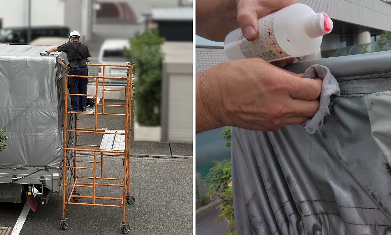 足場を組み破損部分を確認(左) 破損している部分や周辺の汚れを除去(右)