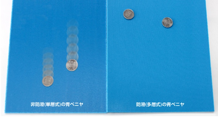 青ベニヤ比較画像：非防滑タイプ（左）・防滑タイプ（右）