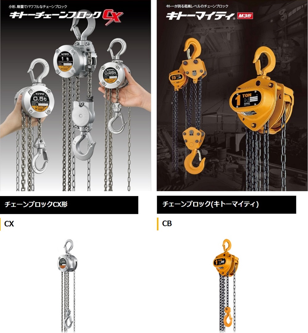 ポータガントリーと相性抜群のキトーチェーンブロックCX形とキトーマイティM3形も取り扱い中