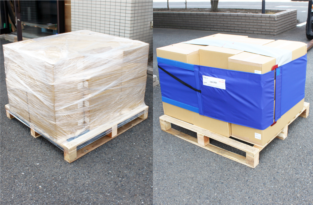 パレット荷姿比較:ストレッチフィルム使用(左) ケースロック使用(右)