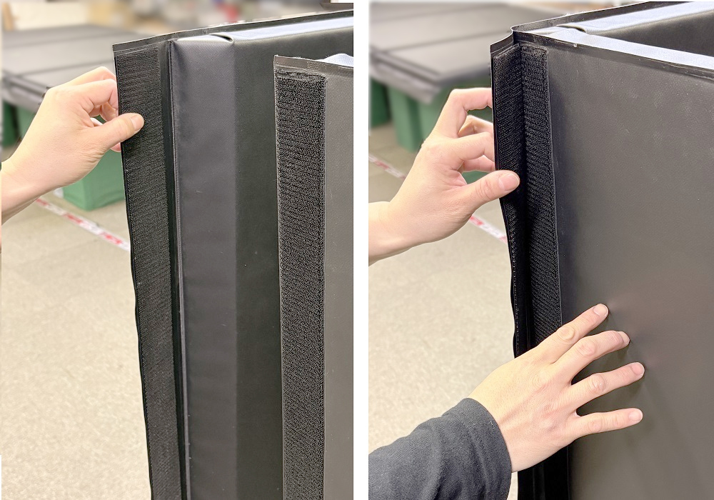 施工方法:防護マットの両端に取り付けられたマジックテープを合わせて固定