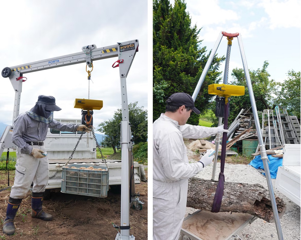 コードレス電気チェーンブロック使用例： 電源が不要なため屋外でも設置可能