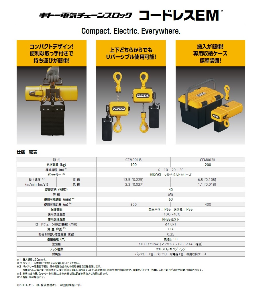 キトー電気チェーンブロック・コードレスEM仕様表