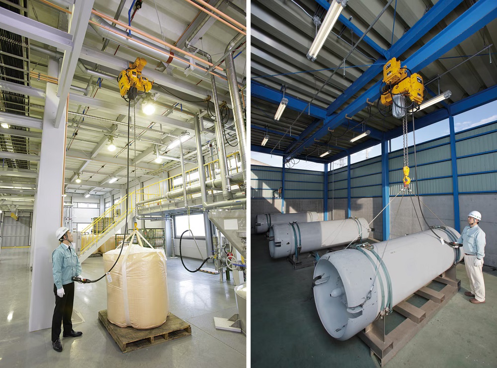 キトー電気チェーンブロック使用例：電動で重量物をスムーズに吊り上げ可能