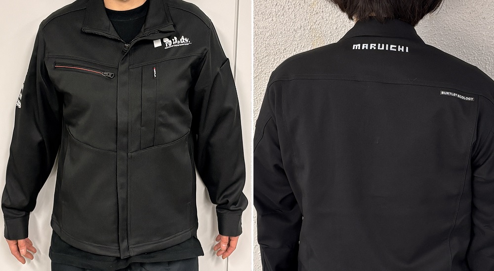 ジャケット前後:前面に物流魂のプリント、背面にはMARUICHIのロゴを刺繍