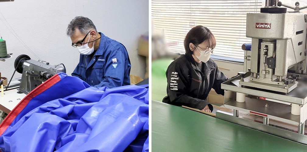 新旧作業着:これまで着用していた製造部ユニフォーム(左)新しいジャケット(右)