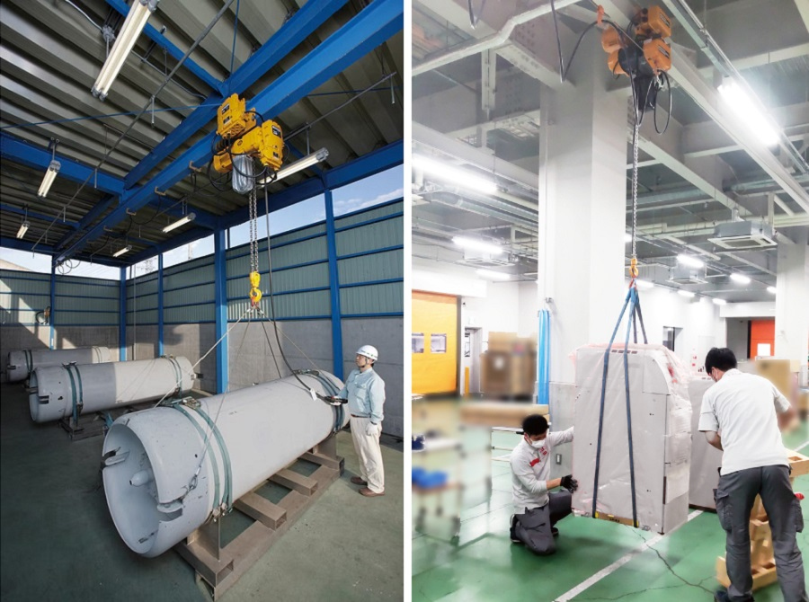 キトー電気チェーンブロック使用例：手元のボタン操作で重量物を吊り上げ