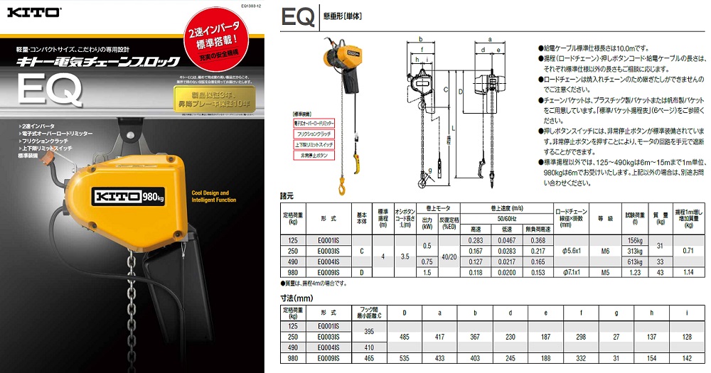 キトー電気チェーンブロックEQ形カタログ：２速インバータを標準装備で動きが滑らか