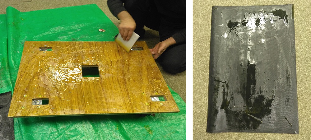 木製台車天面（左）と筋入りゴム裏面（右）にボンドを満遍なく塗布