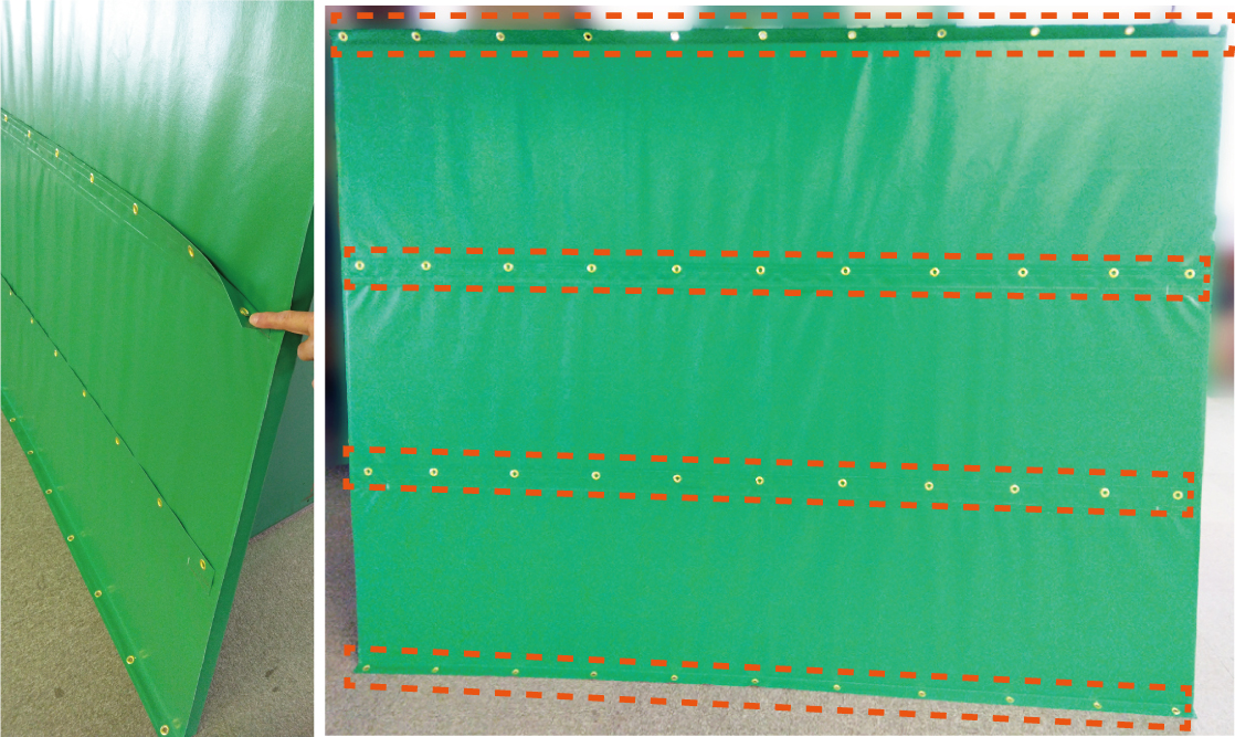 防護マット裏面：施工後にずれない様に４本の帯ハトメを追加(オレンジ枠)