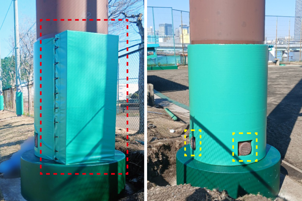 照明柱用防護マット:点検口部分(左) 通気口部分(右)
