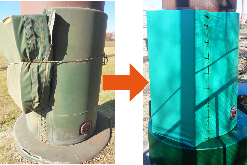 照明柱用防護マット:張り替え前(左) 貼り替え後(右)