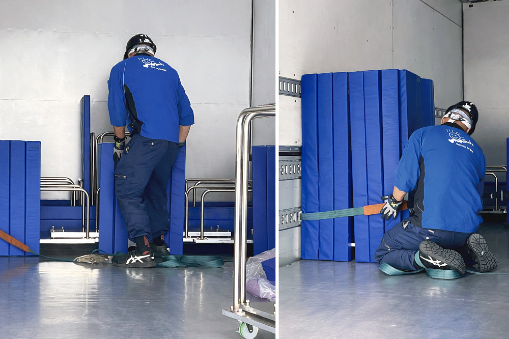 ロールマット使用例②:キトーラッシングベルトで積荷を固定する際の緩衝材として最適