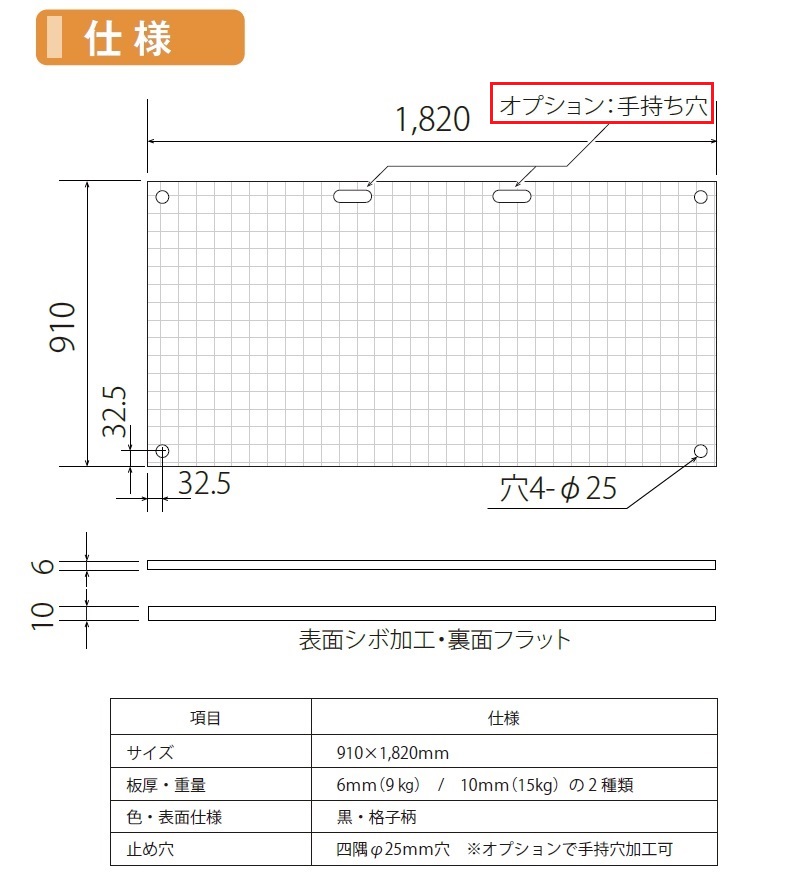 歩くばん仕様:サイズは910×1820mmで厚みは6mmと10mmの2種類