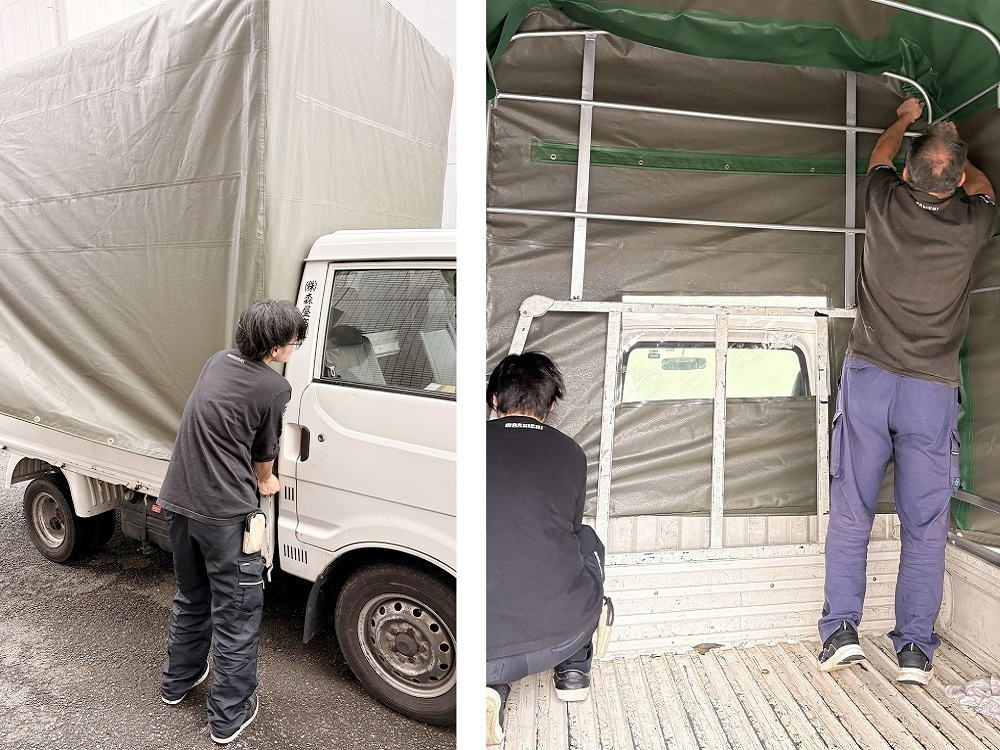 取り付け作業：作製したシートを骨組みへ被せて内側からも調整